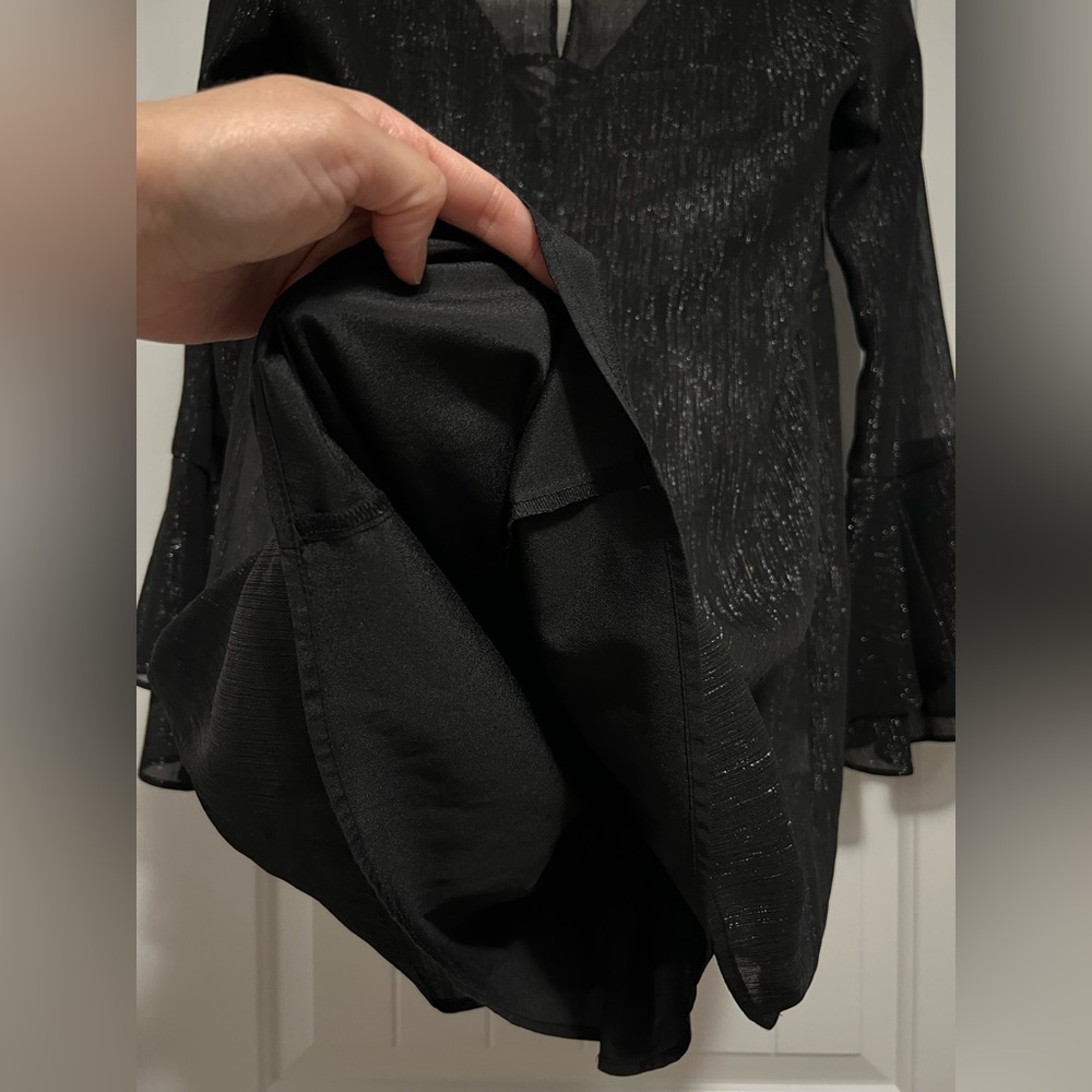 BCBG Generation Black Shimmer Bell Sleeve Top Sheer Metallic Party Dress XS - Picture 9 of 11